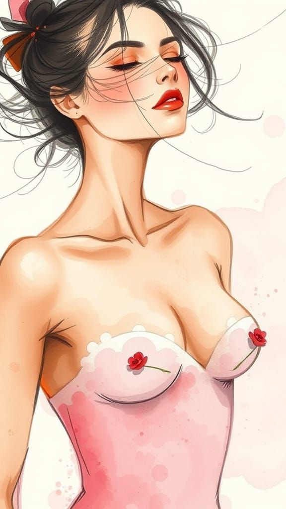 Gestural Watercolor: Bare-Chested Woman in Sumi-e Style