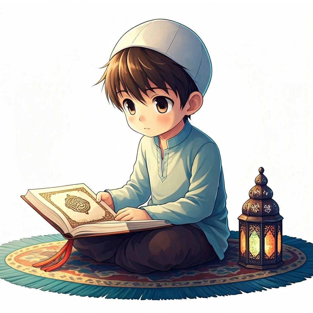 Anime Boy Reads Qur'an with Ornate Lantern