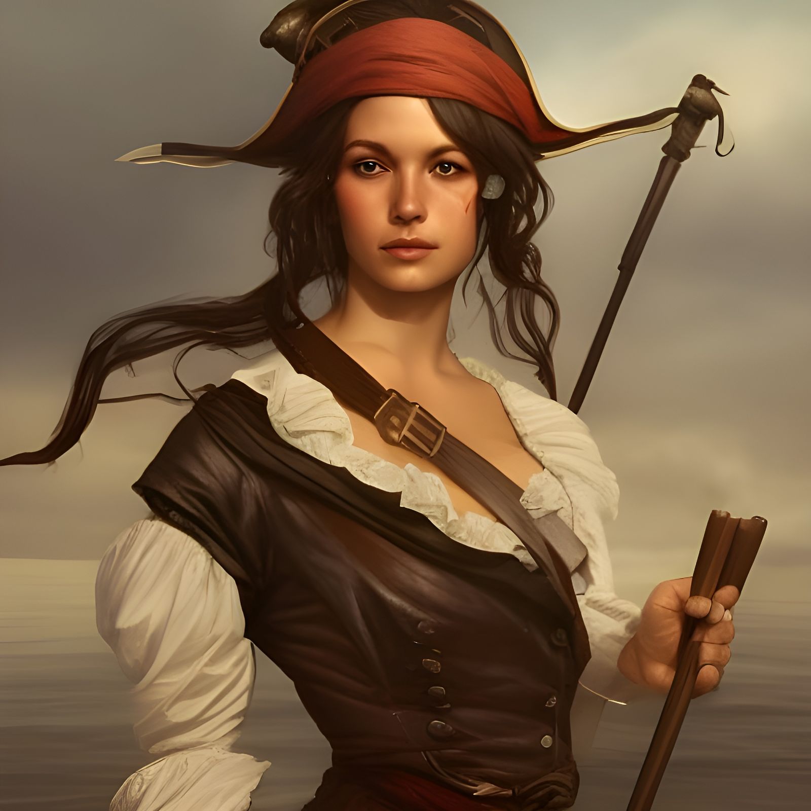 Female Pirate Portrait in 19th Century Harbor