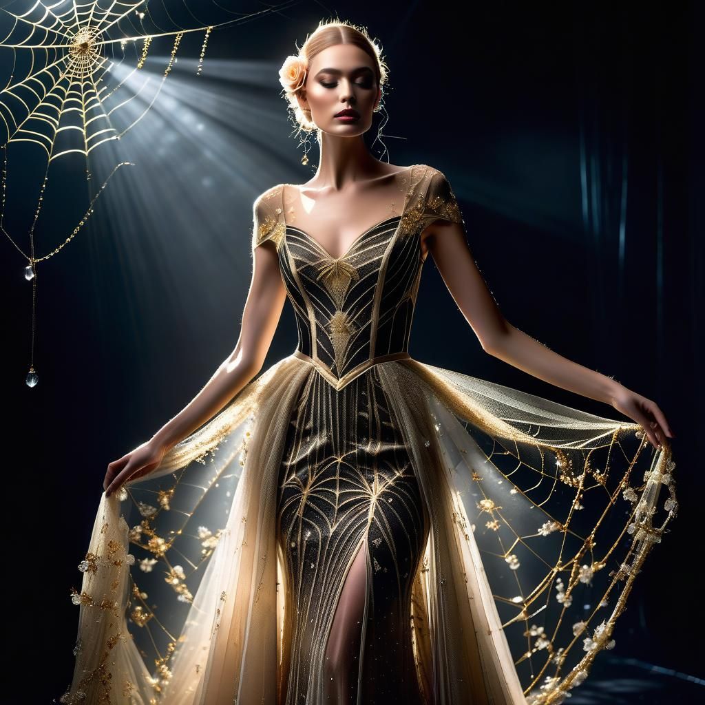Model in Spiderweb Dress with Spiders and Crystals