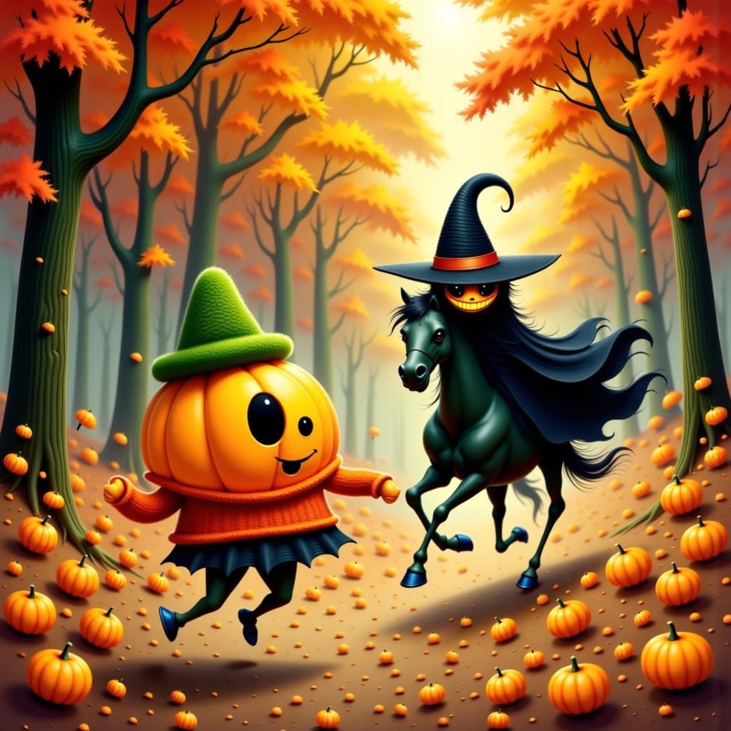 Kawaii Pumpkin Evades Headless Horseman in Autumn Forest