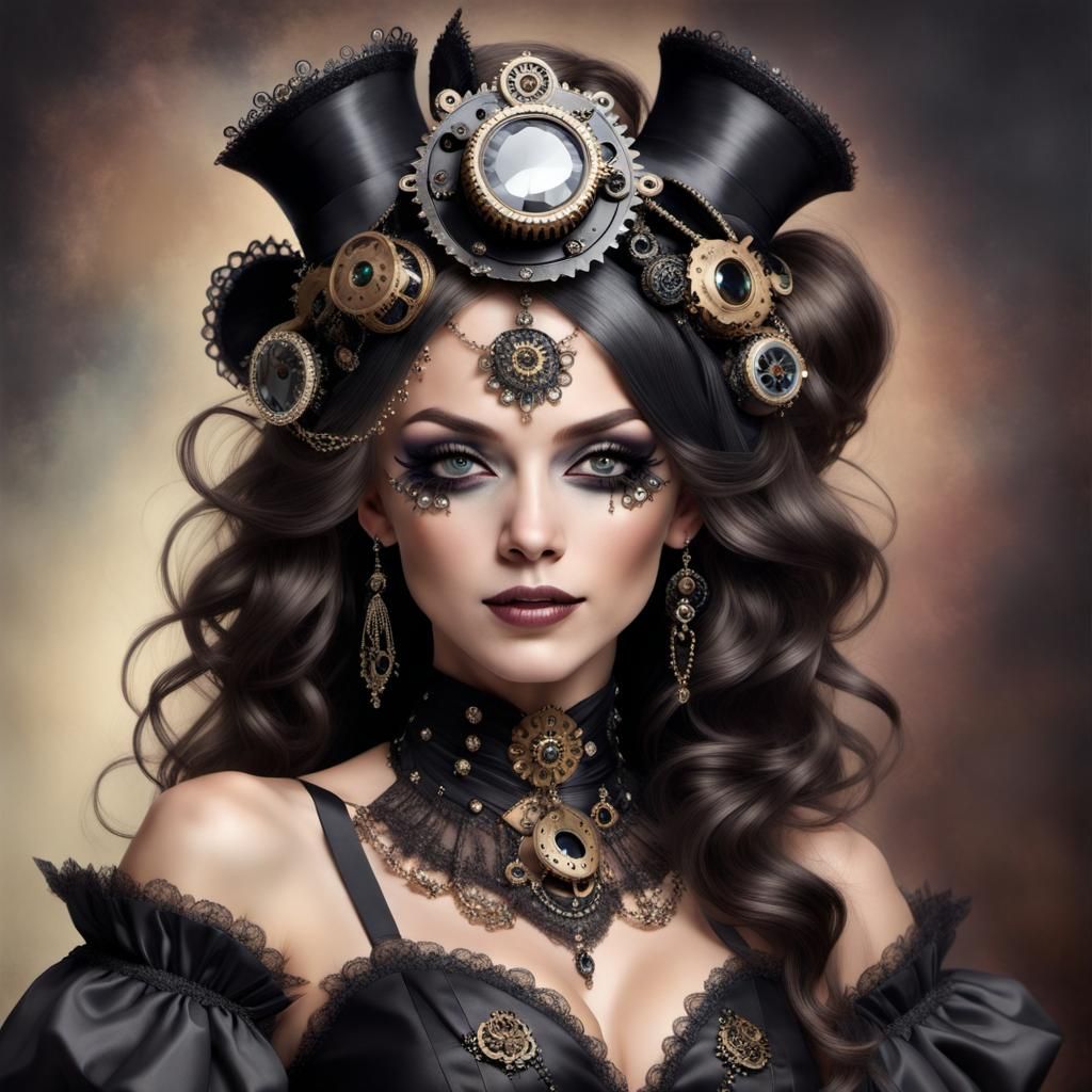 Steampunk Renaissance Queen in Exquisite Black Masquerade Ba...