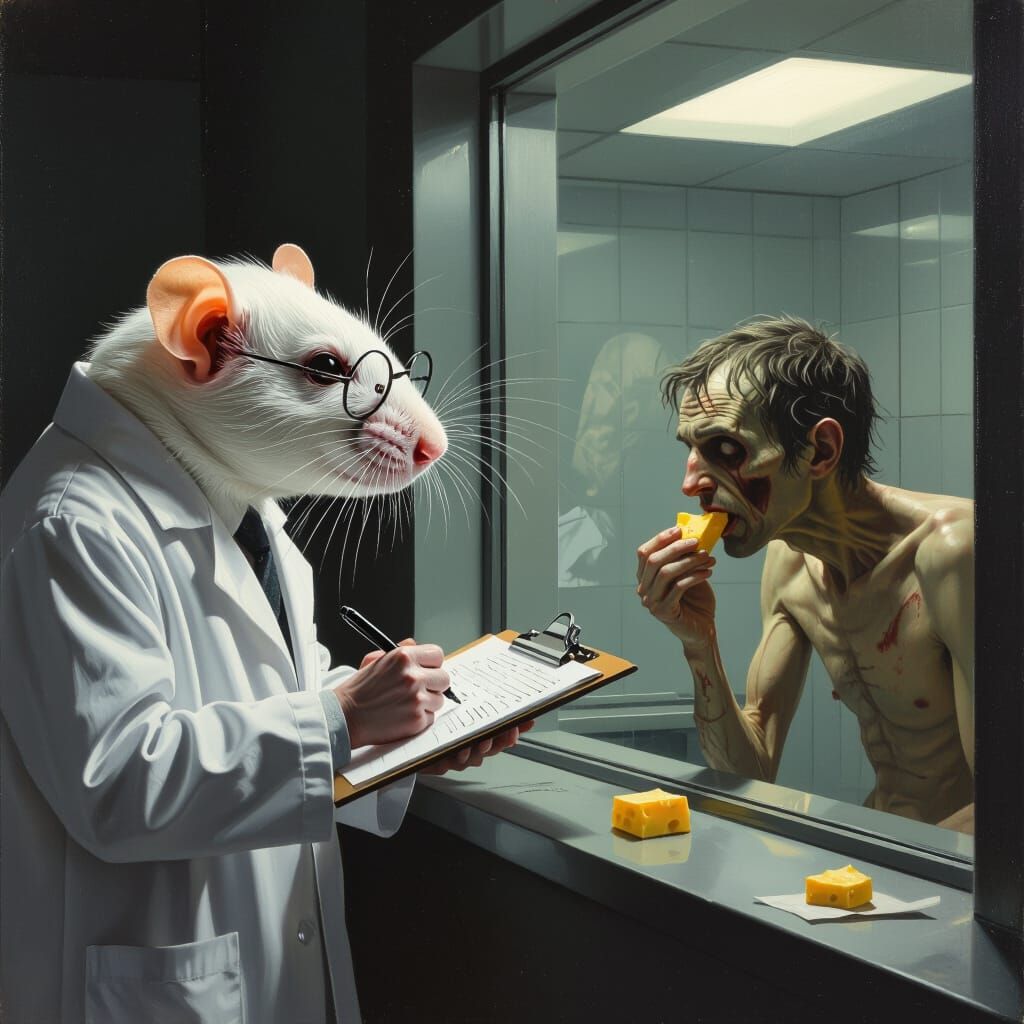 Giant Rat Scientist Observes Human's Desperate Moment