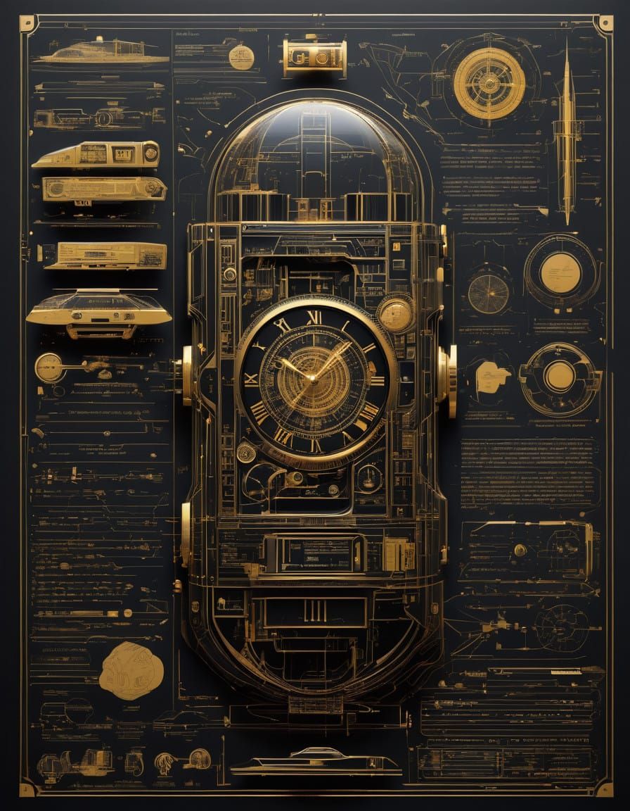 Sleek Time Machine Blueprint with Golden Accents