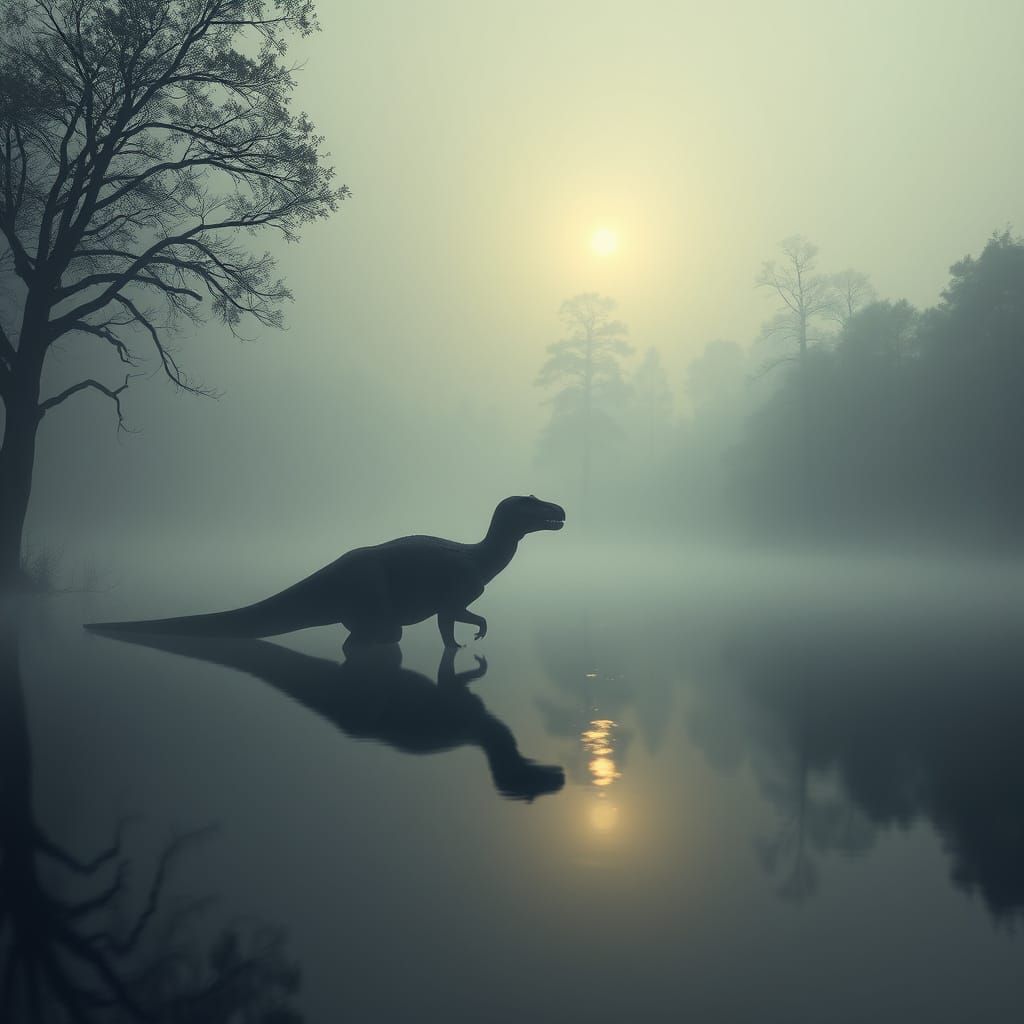 Misty Prehistoric Dawn with Dinosaur in Lake
