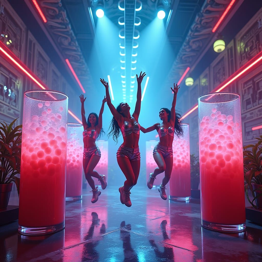 Boba-Filled Futuristic Club Scene in Matte Painting Style
