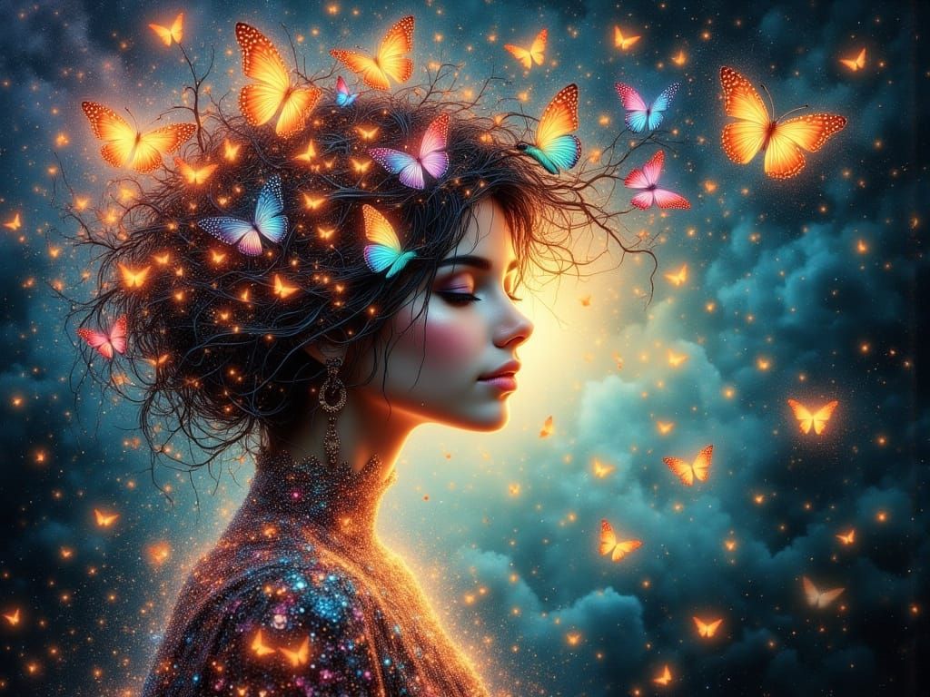 Ethereal Woman Dissolving into Butterflies Amidst Cosmic Ene...