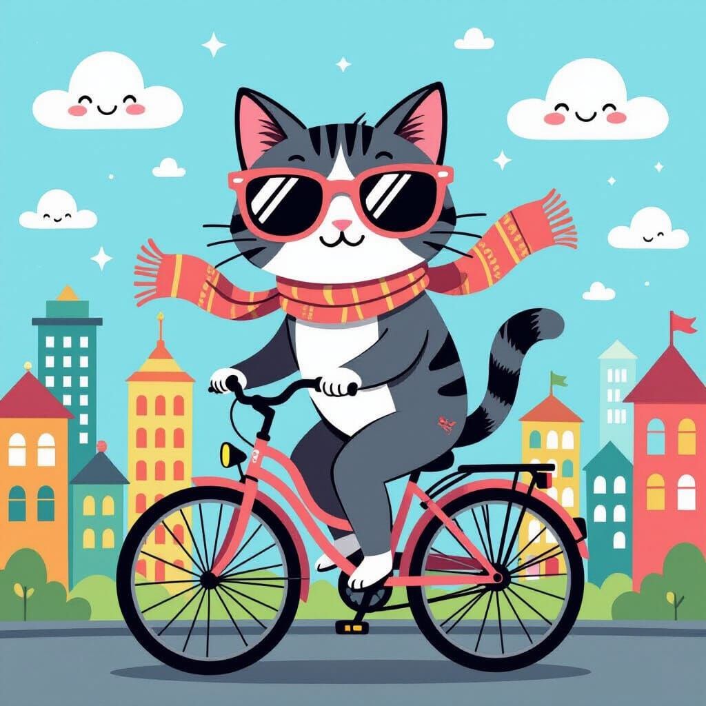 Playful Cat Rides Bicycle in Cartoon Cityscape
