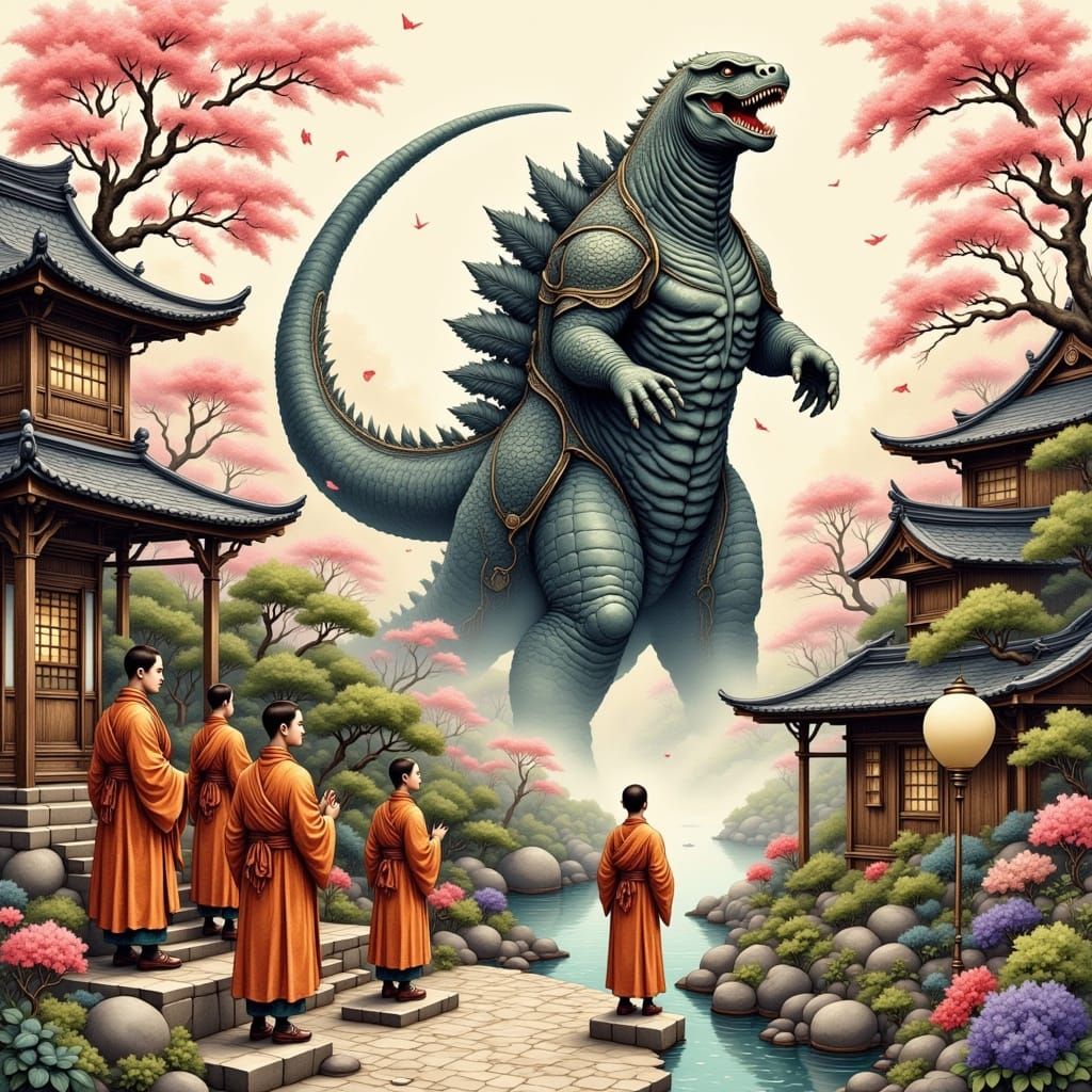 Godzilla Meets Zen Monks in a Vibrant Japanese Landscape