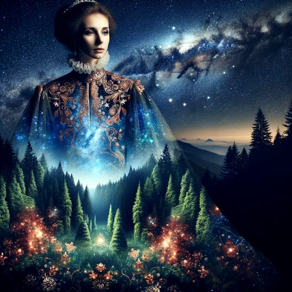 Ethereal Woman Blends with Galaxy and Forest