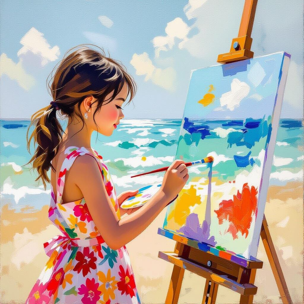 Singapore Girl's Vivid Seaside Painting in Impressionist Sty...