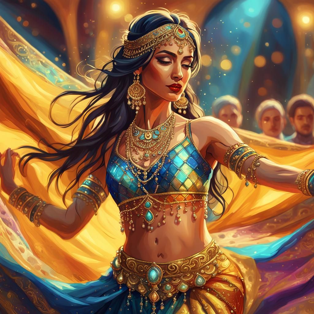 Belly Dancer Performing at Wedding in Oil Painting Style