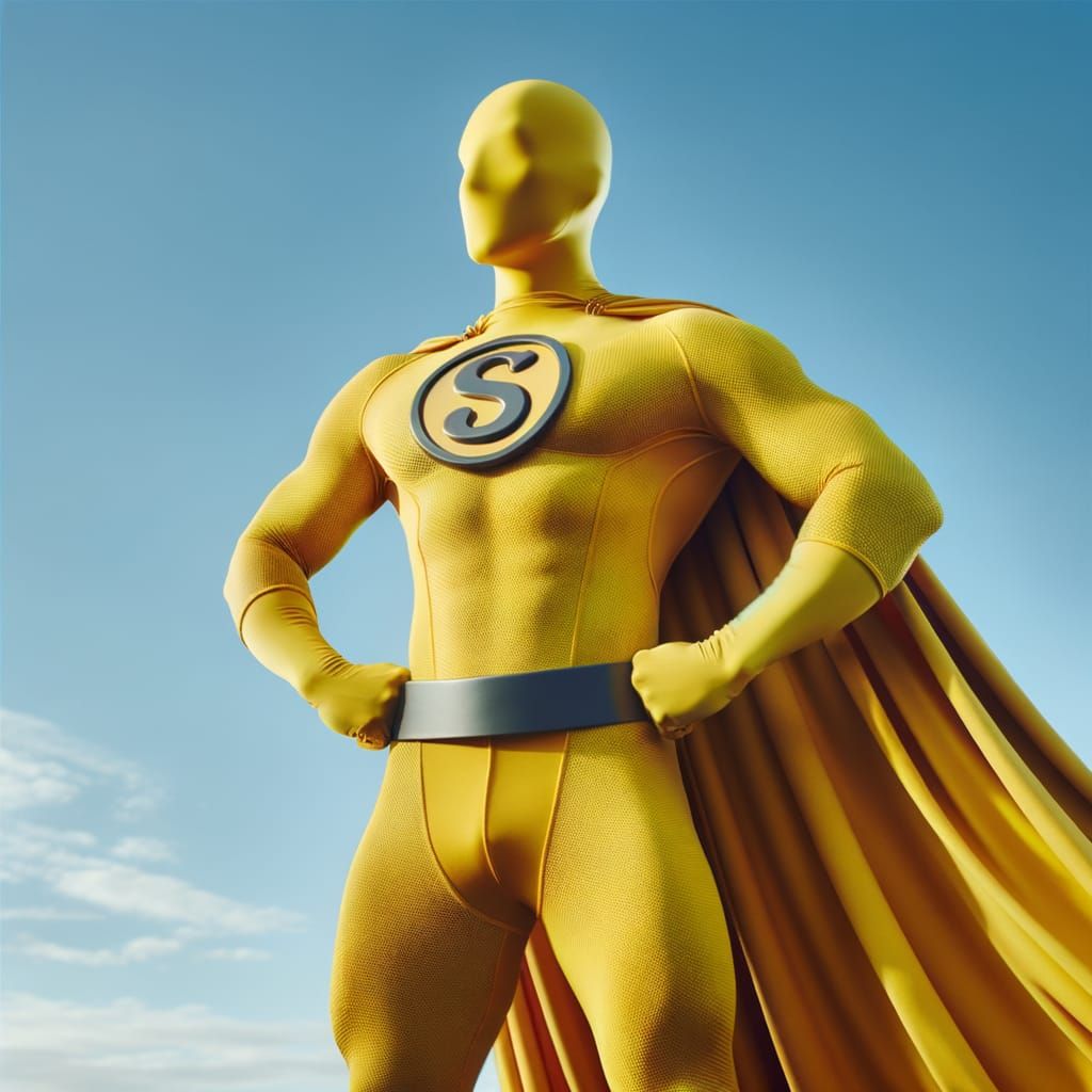 Heroic Figure in Yellow Costume Against Blue Sky
