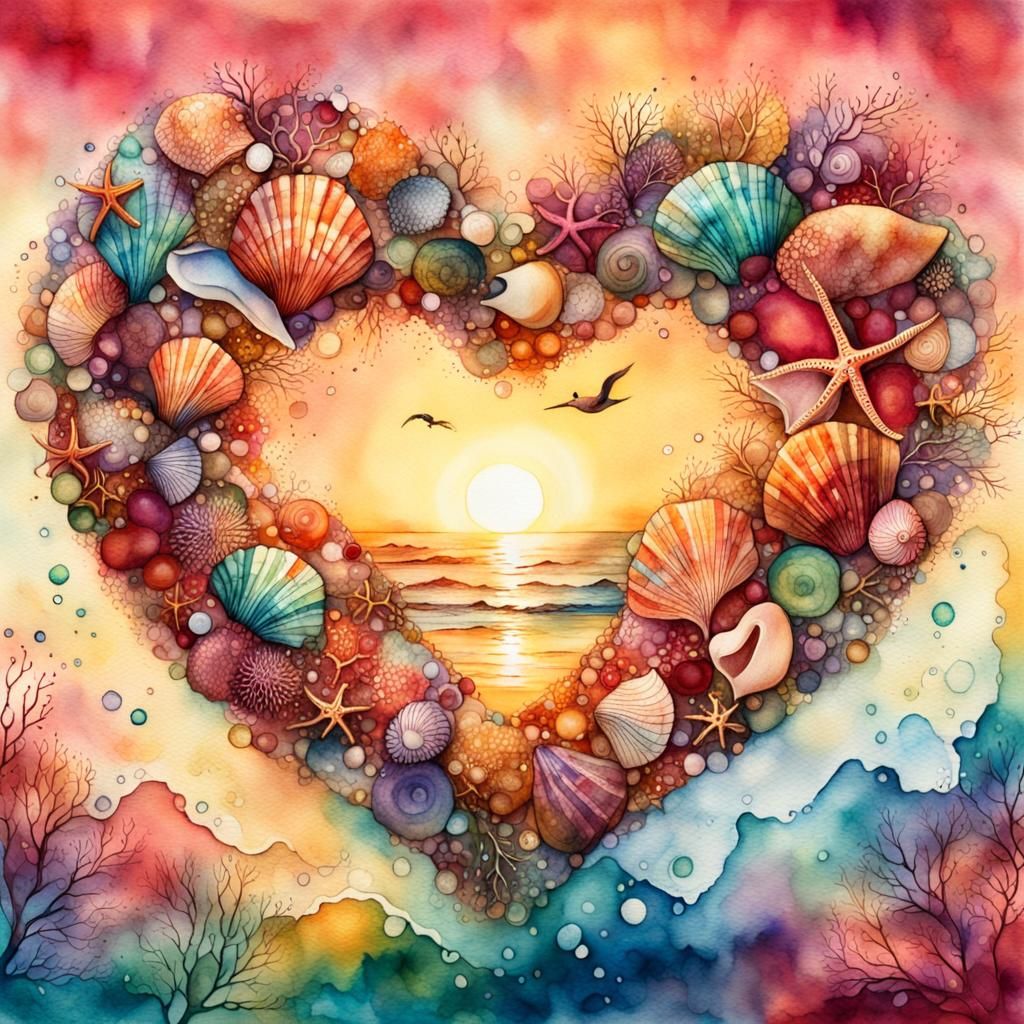 Seashell Wreath with Beach Scene in Watercolor Style