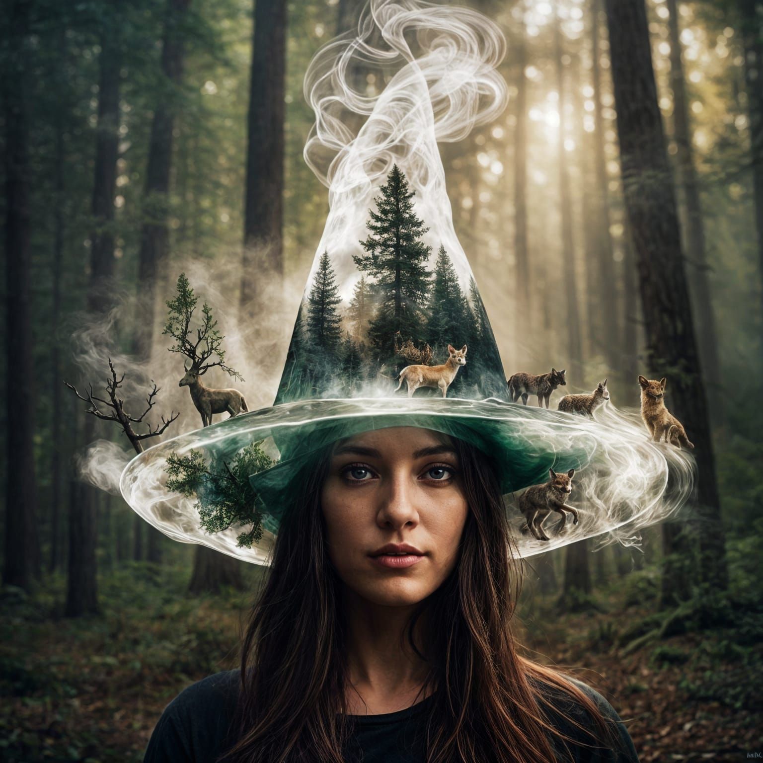 Fantasy Double Exposure Witch's Hat with Forest Animals