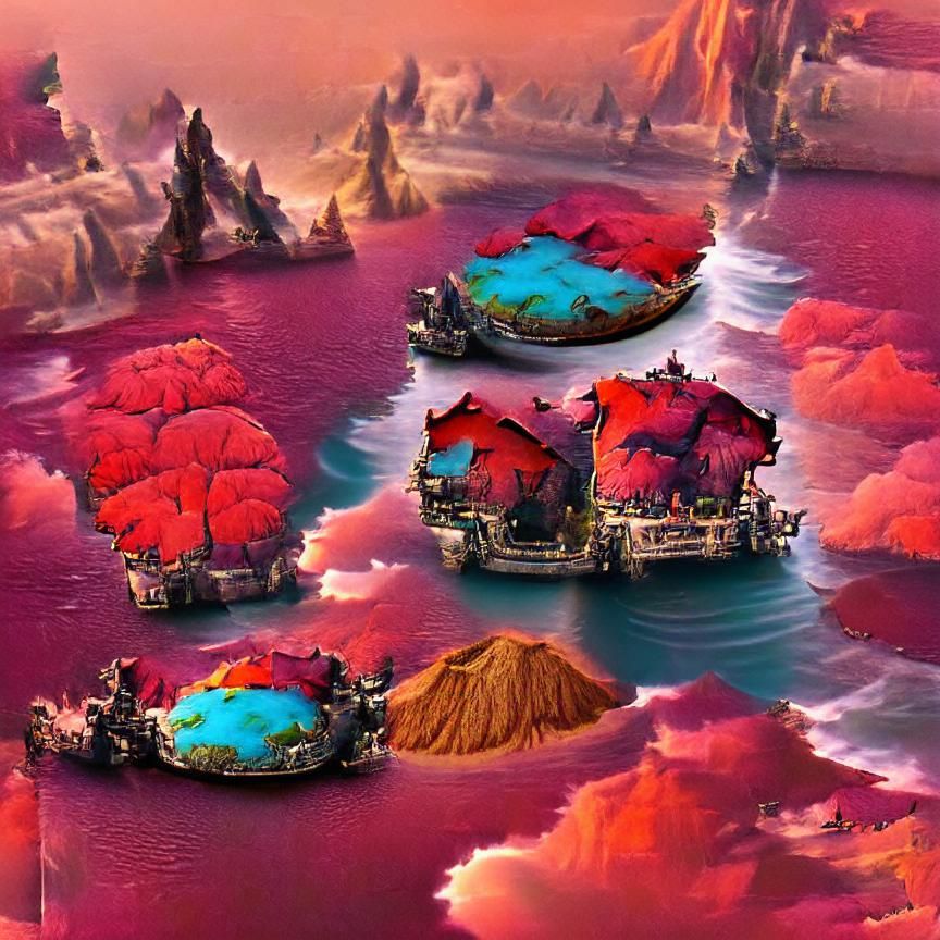 Floating Islands Above a Crimson Sea