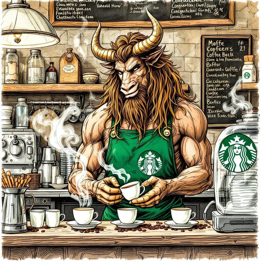 Minotaur Barista Serving Coffee in Whimsical Style