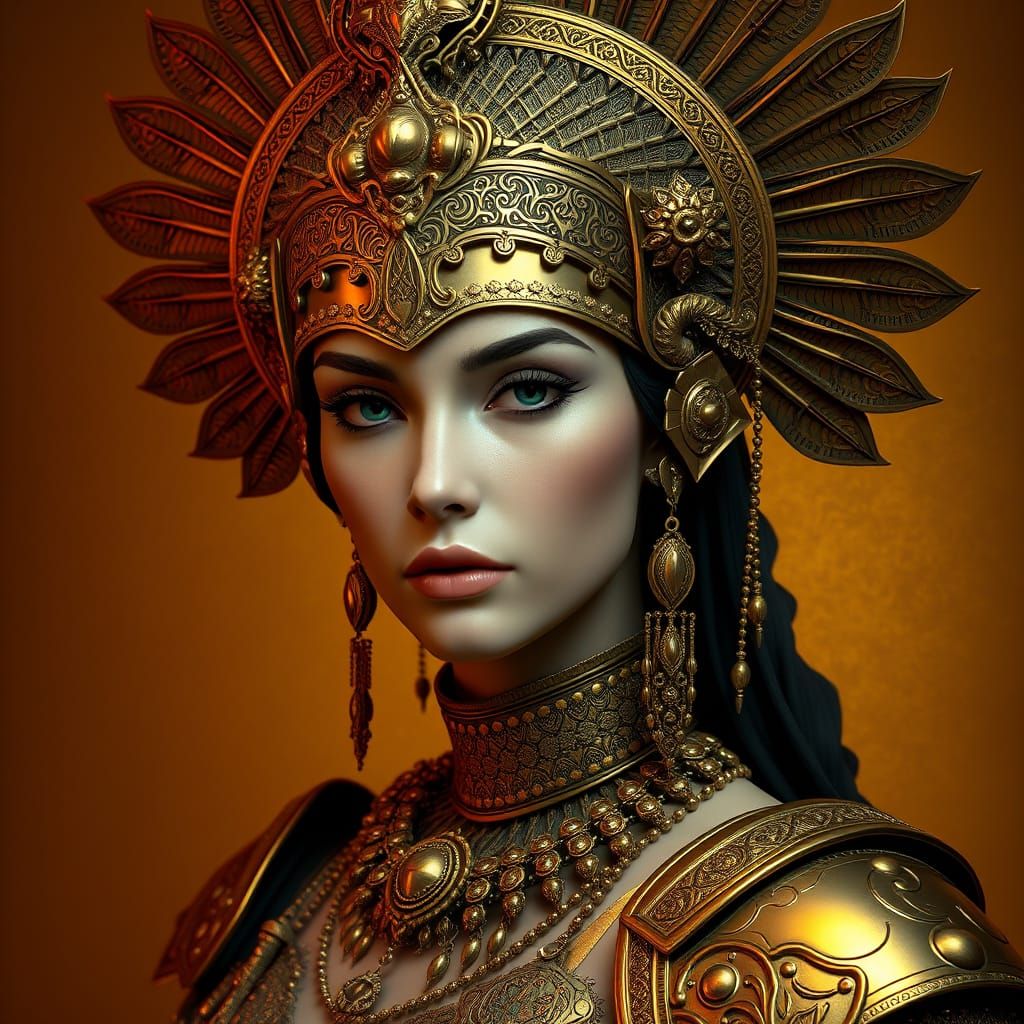 Regal Fantasy Portrait in Ancient Gold Armor and Ornate Head...
