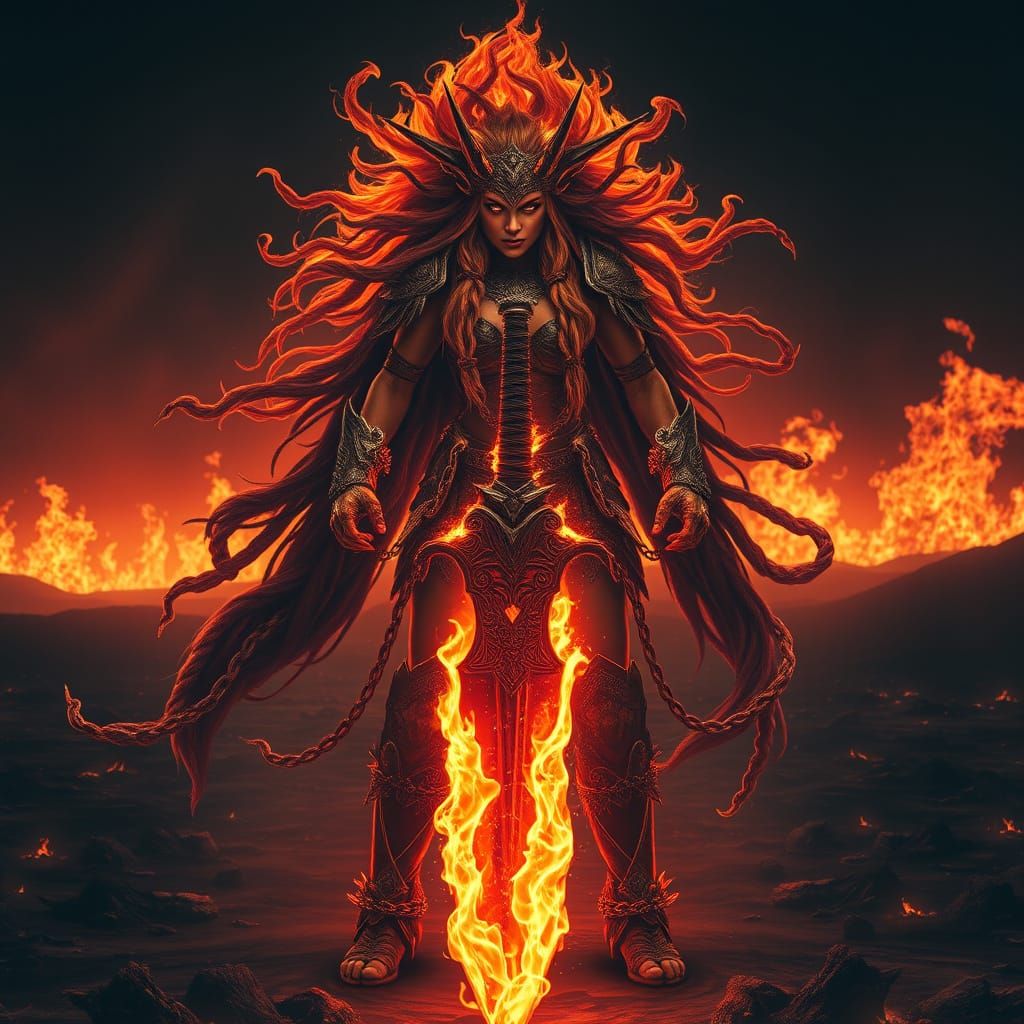 Fiery Warrior Goddess Radiates Intense Power