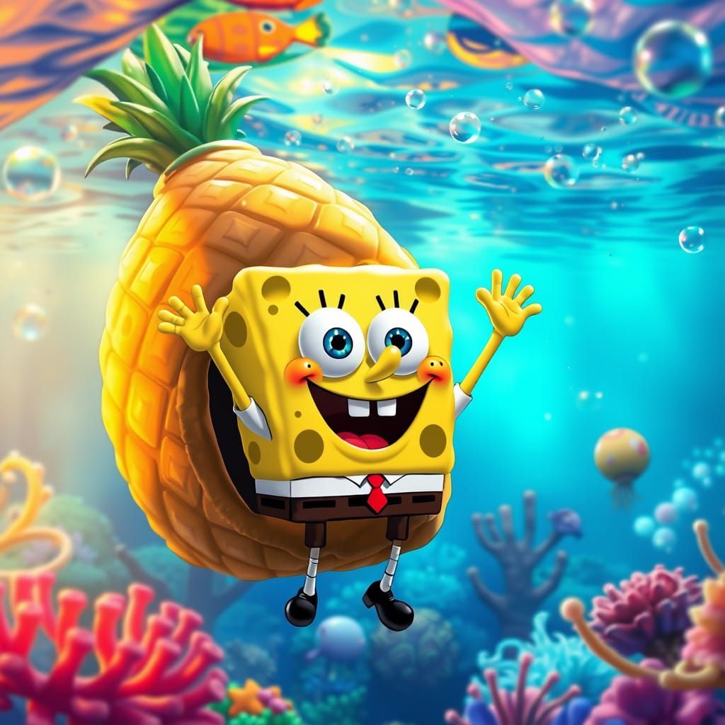 SpongeBob SquarePants Waving from Pineapple House in Bikini ...
