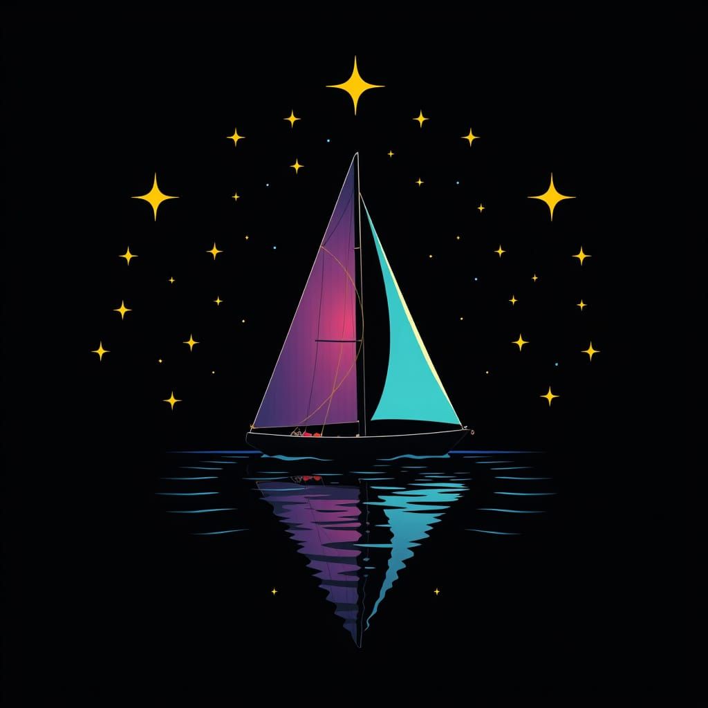 Surreal Nighttime Sailboat Scene in Triadic Colors