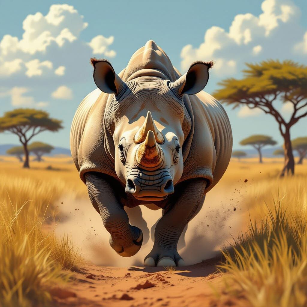Charging Rhinoceros in Hyperrealistic Safari Scene
