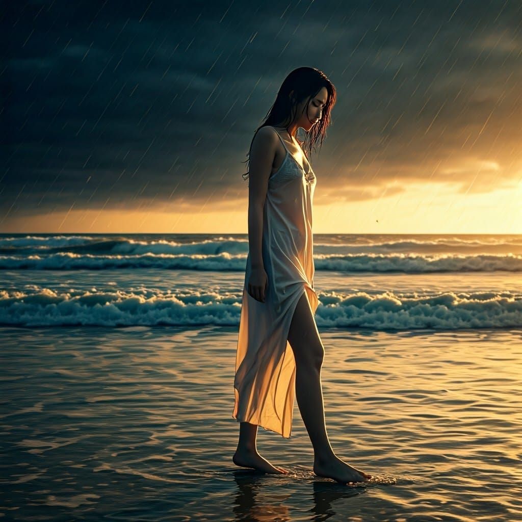 Ethereal Young Woman Silhouetted Against Stormy Beachscape i...