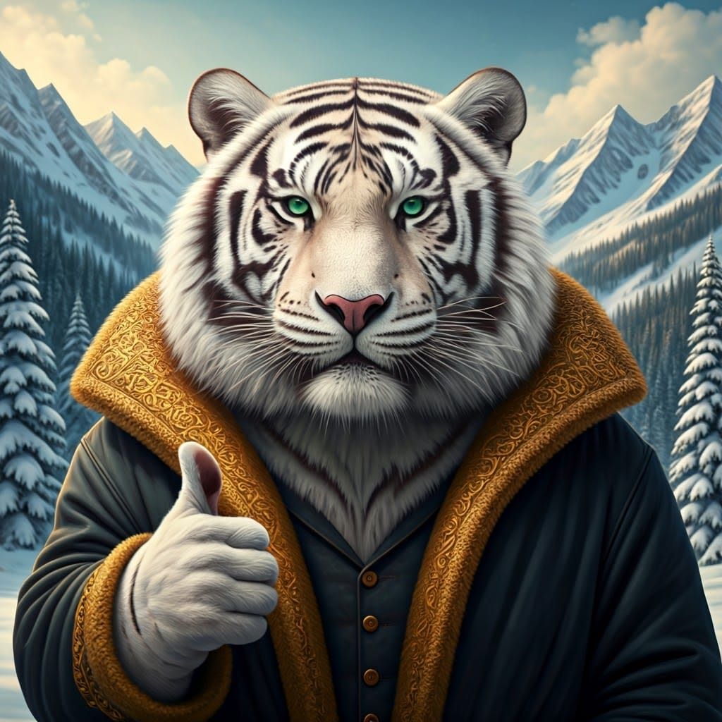 Majestic White Tiger in Luxurious Winter Coat Surrounded by...