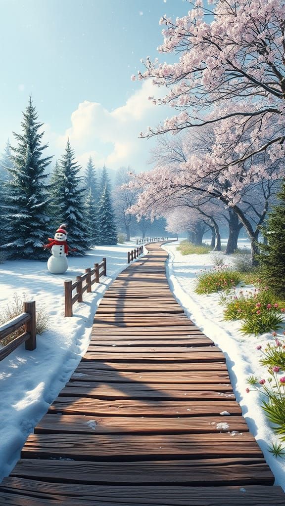 Surreal Seasonal Realms Unite in a Winding Wooden Path