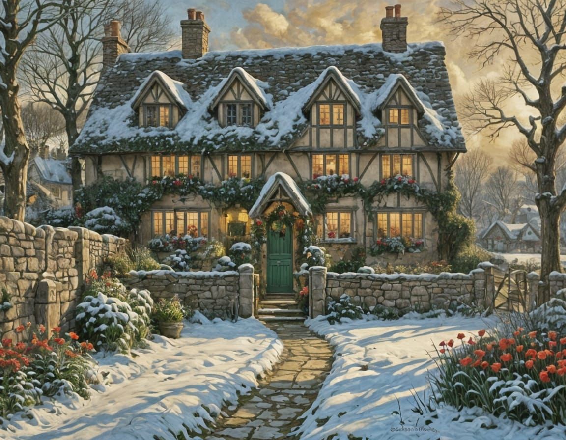 Whimsical Cotswold Christmas Cottage in Vibrant Colors