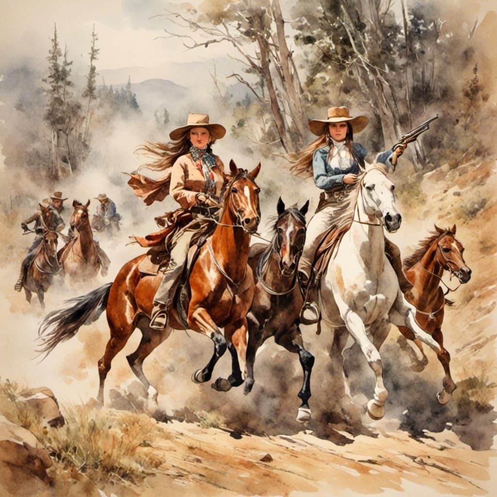 Wild West Women Ride into Deadwood in Watercolor Style