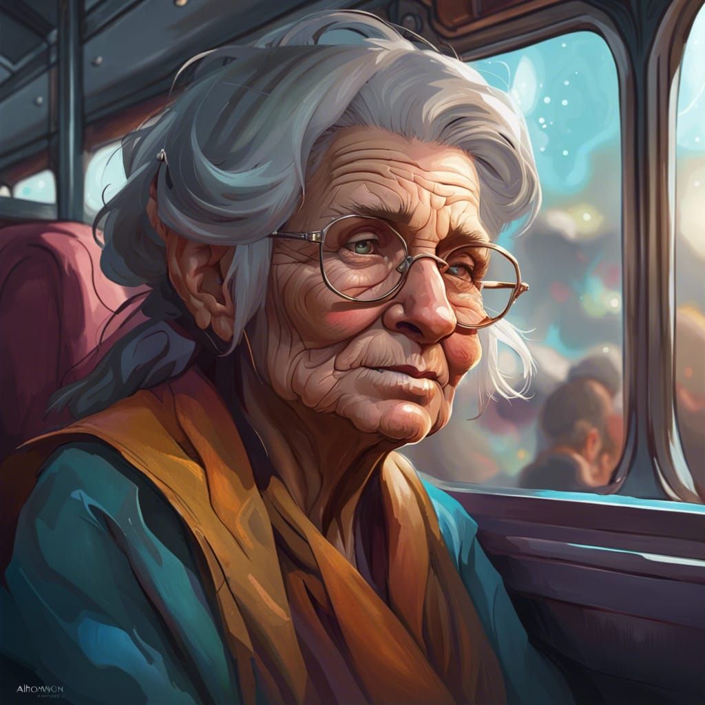 Old Woman on Bus: Hyperdetailed Art Portrait