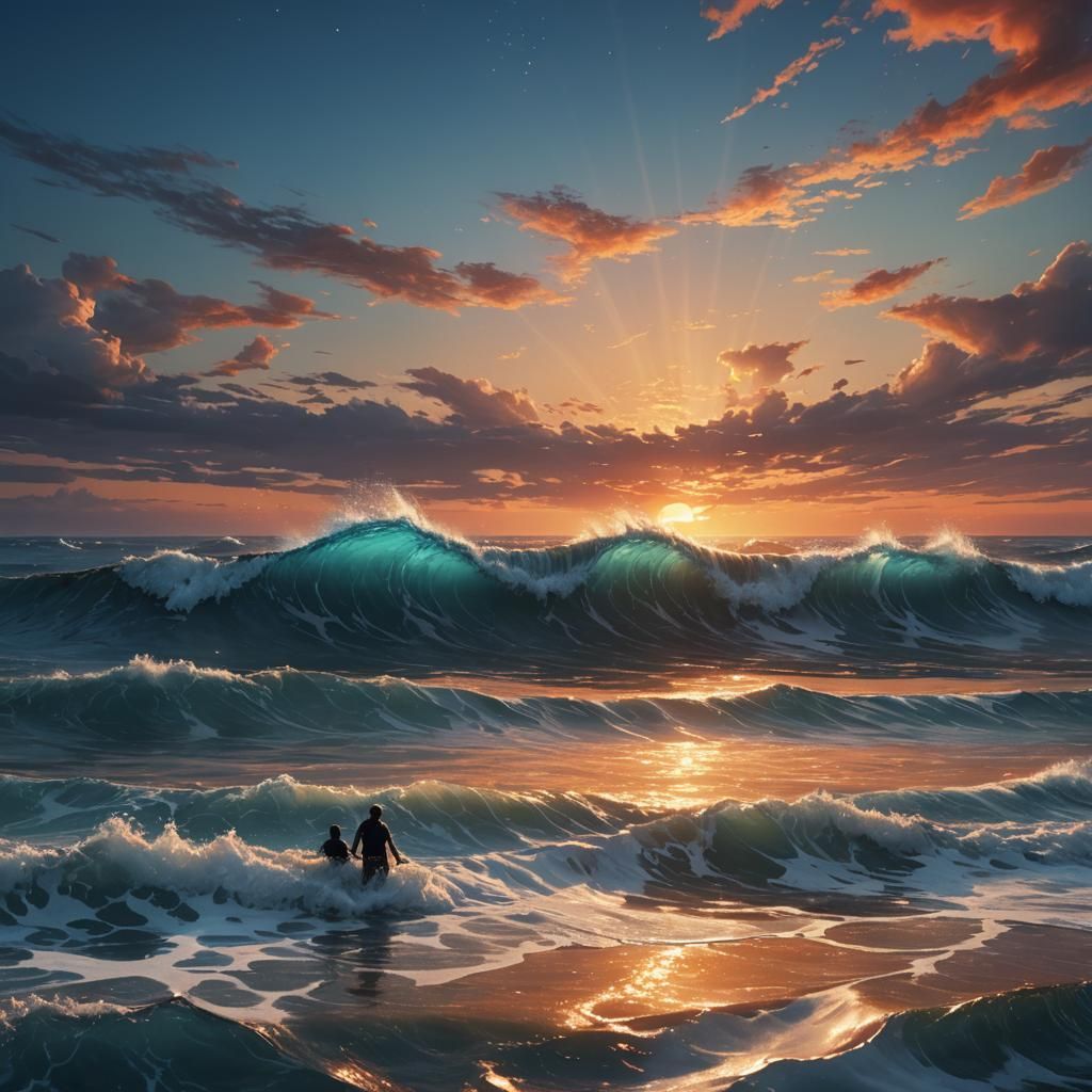 Radiant Ocean Scene with Bioluminescent Waves