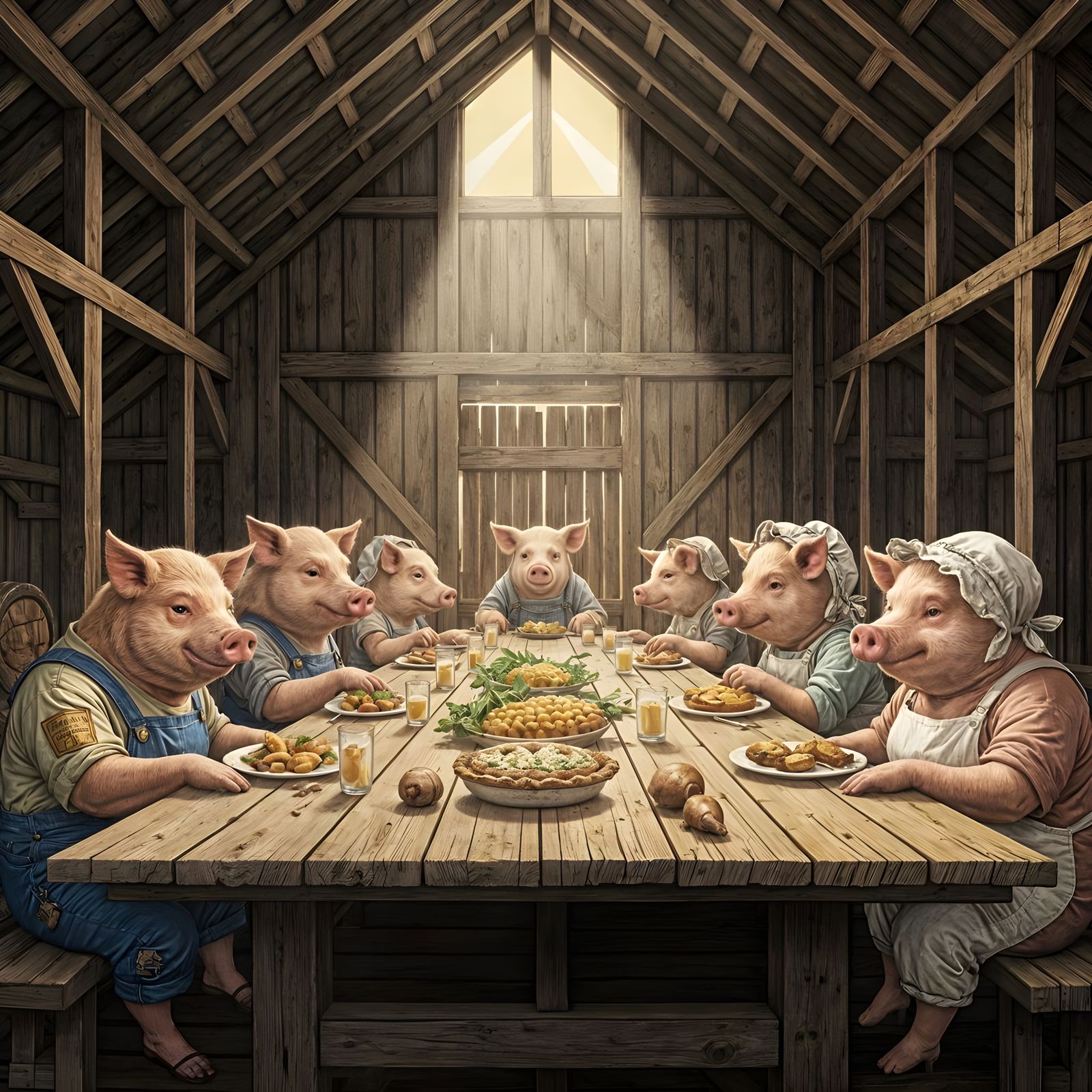 Pigs Feast in Barn, Heroic Lines Style