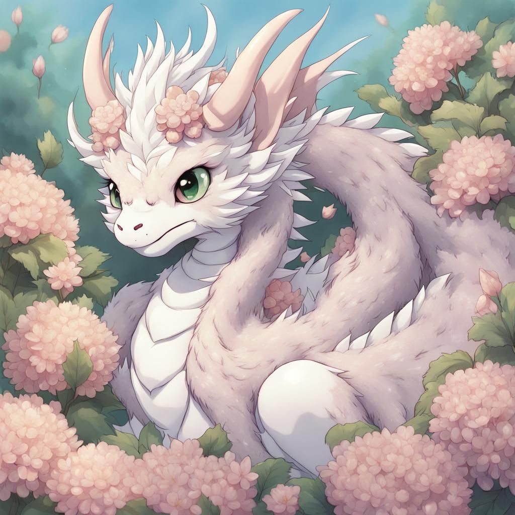 Adorable Furry Dragon in Floral Setting, Anime Style