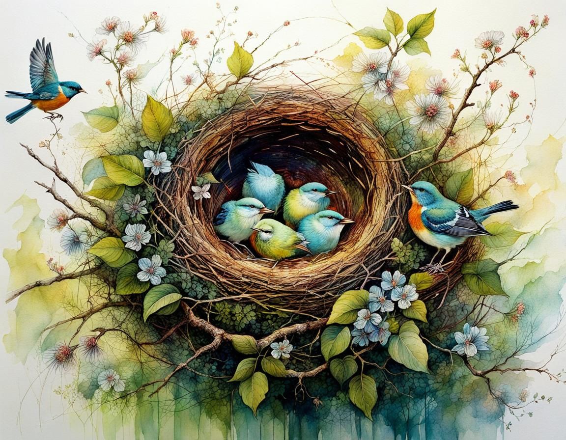 Birds Being Fed in Nest, Watercolor Style