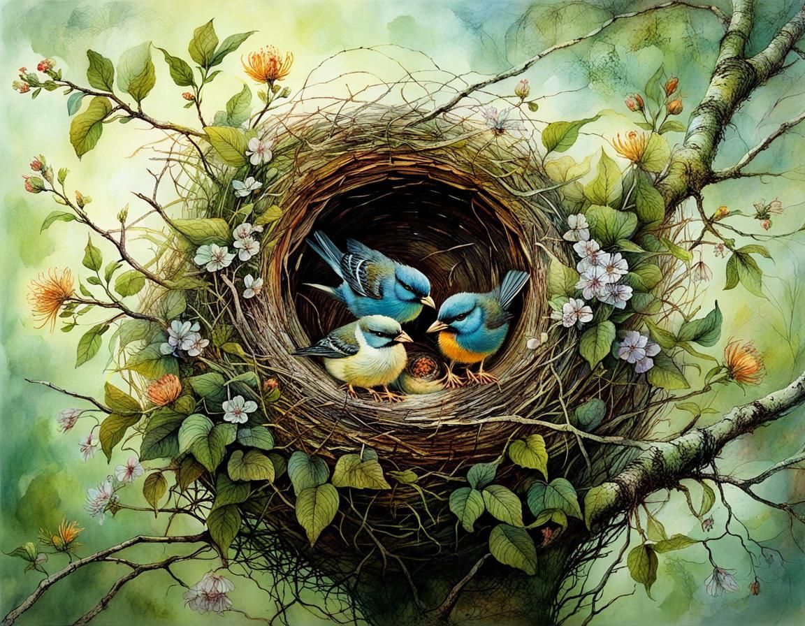 Whimsical Garden Scene with Birds and Blooms