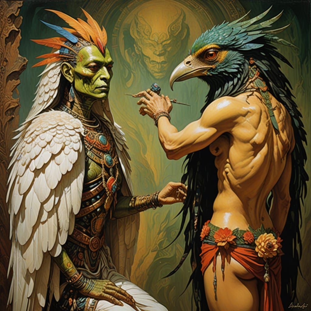 Fantasy Bird-Human Hybrid in Colorful Acrylics