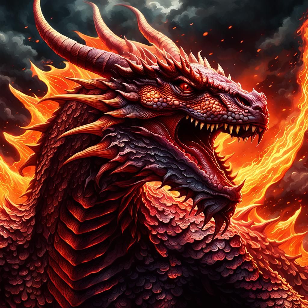 Great Red Dragon Breathing Fire: Comic Book Art