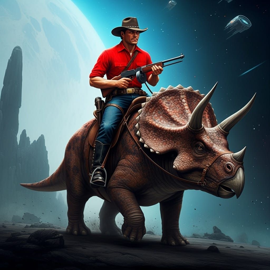 Cowboy Rides Triceratops on Alien Planet