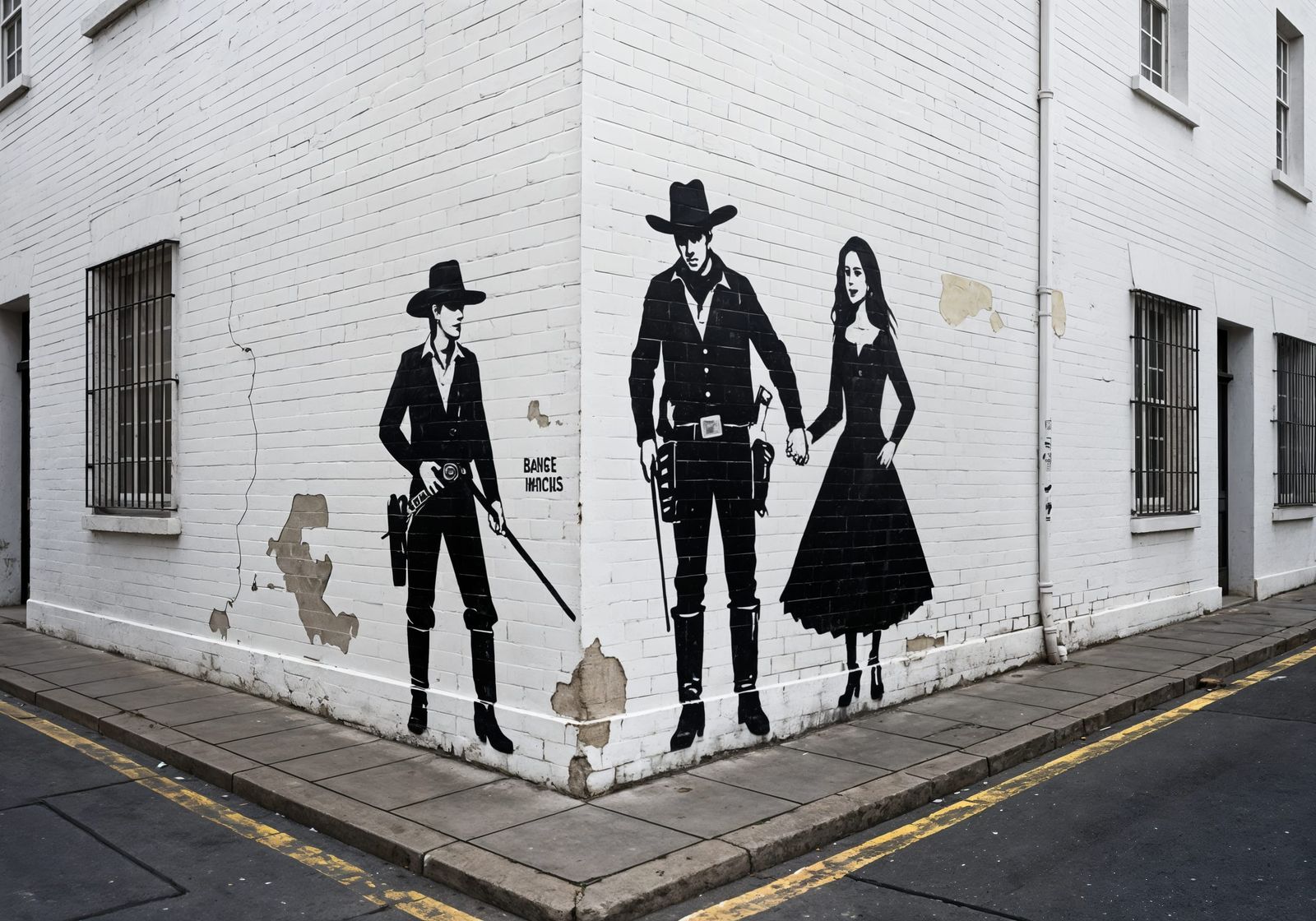 Banksy Cowboy and Cowgirl Mural on Aged Wall