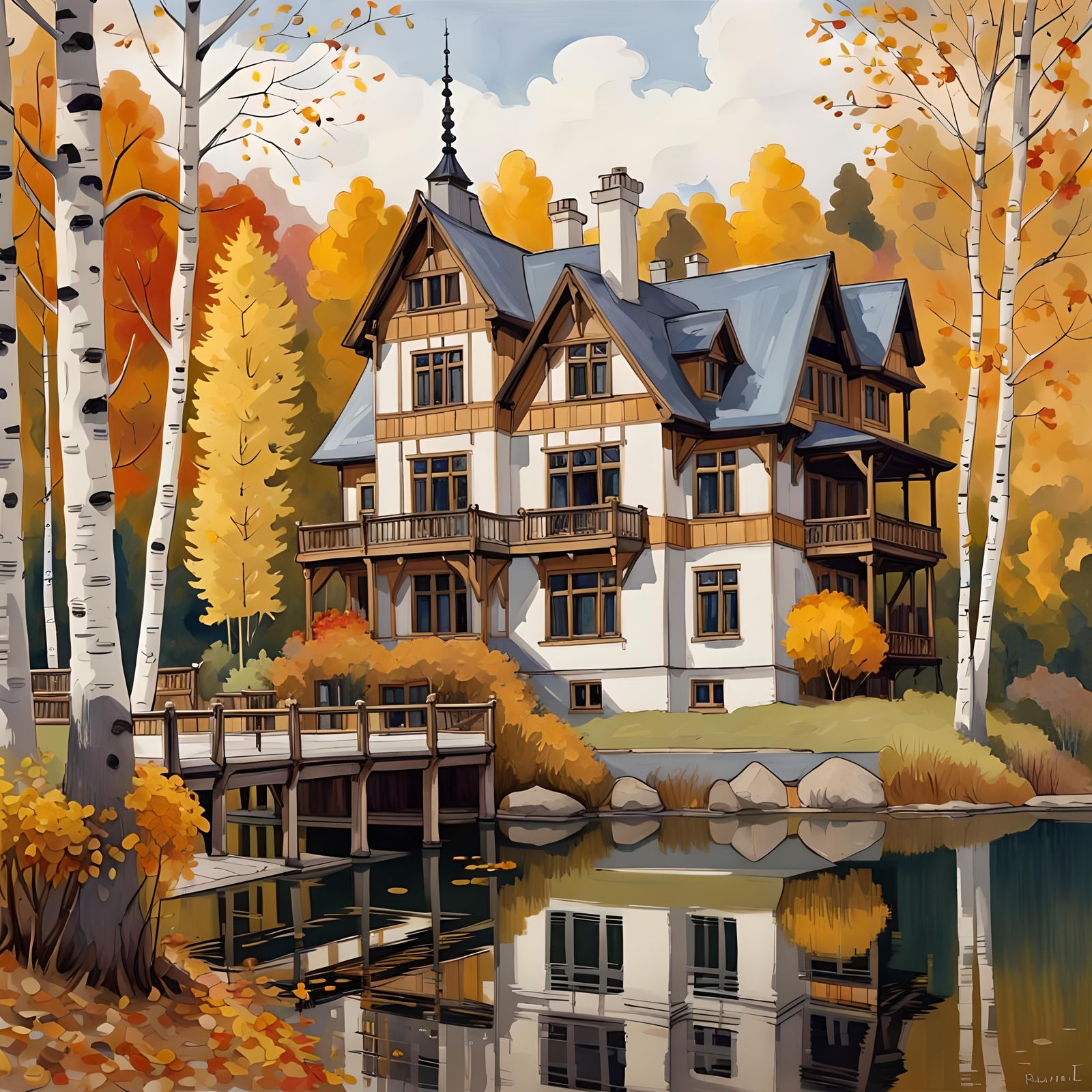 Tudor Mansion by Lake: Gouache Architectural Sketch