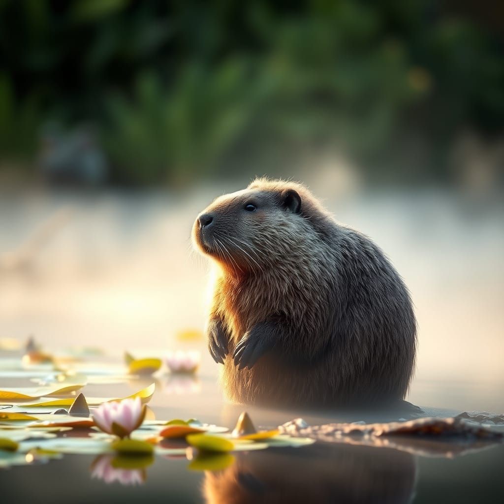 Serenely Lit Beaver in Lush Greenery
