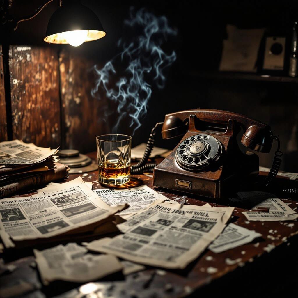 Film Noir Desk Scene with Conspiracy and Suspicion