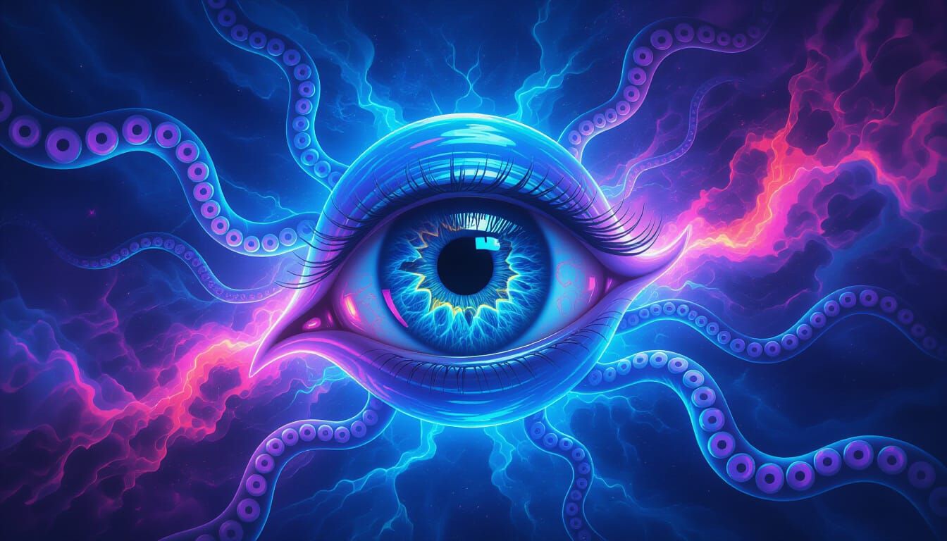 Surreal Iridescent Eyeball with Light Tentacles in Nebula