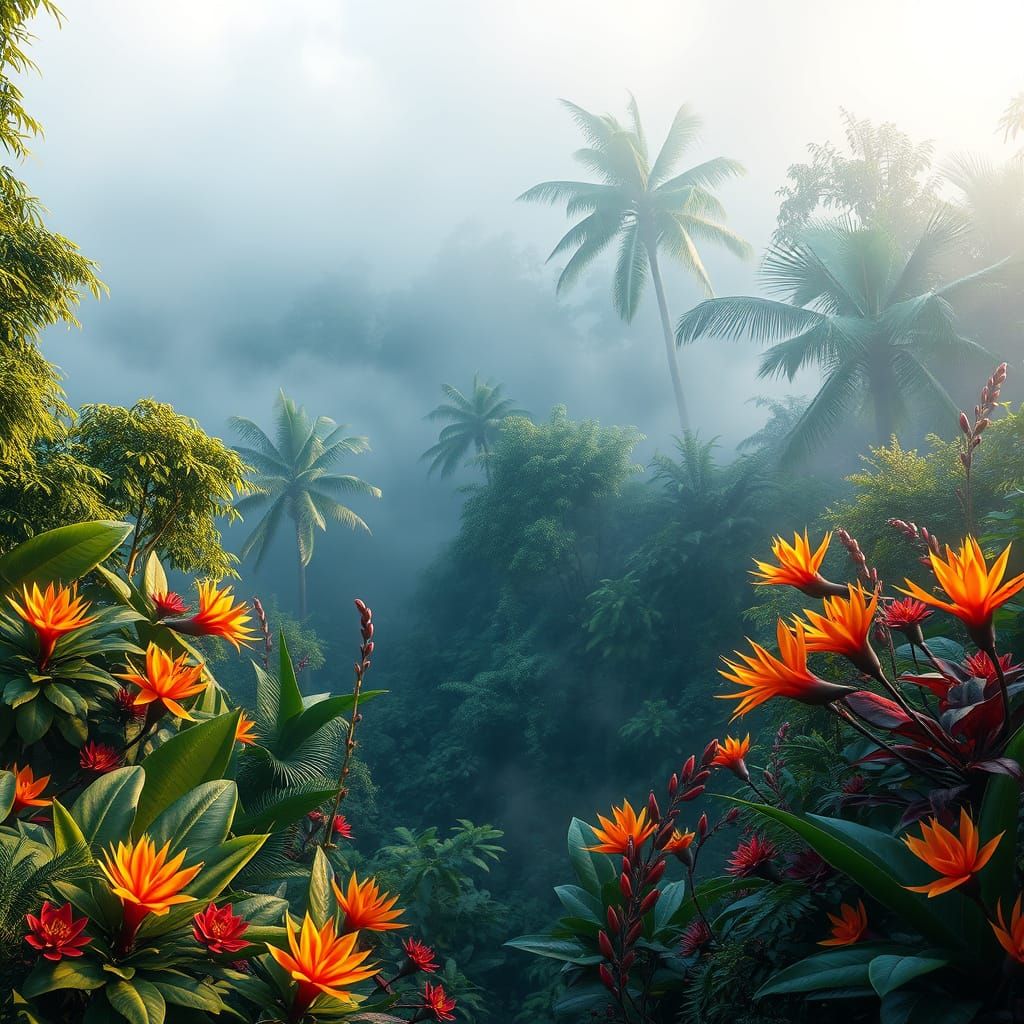 Ethereal Tropical Paradise in Rainforest Twilight