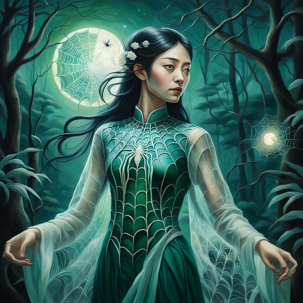 Spider Woman Weaver in Moonlit Forest: Surreal Digital Art