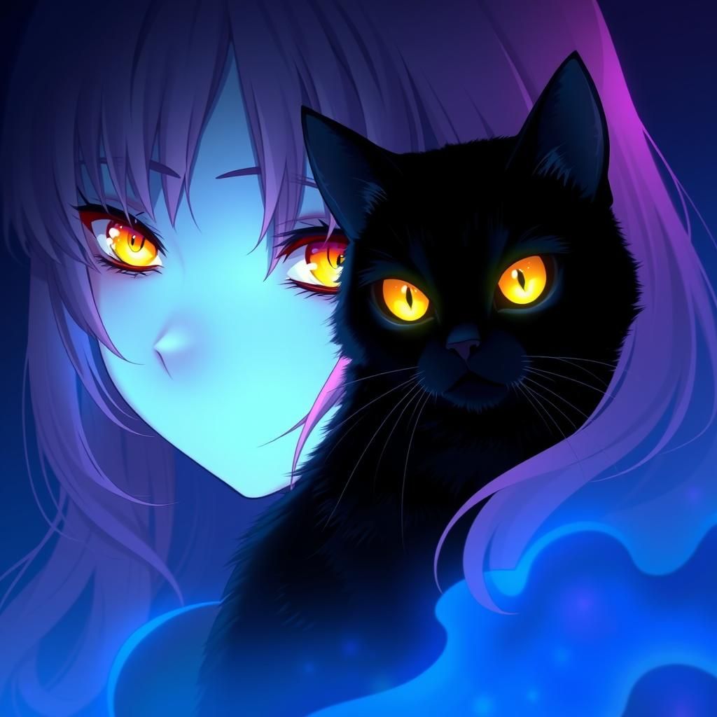 Mystical Pink-Haired Girl with Black Cat, Anime Art