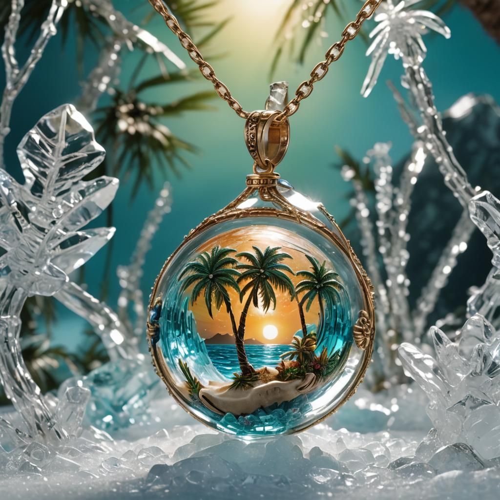 Tropical Island Pendant in Ice, Hyperrealistic Concept Art