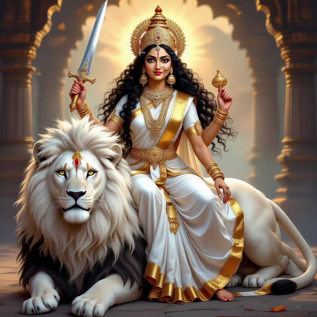 Divine Indian Goddess on White Lion, Photorealistic 8k